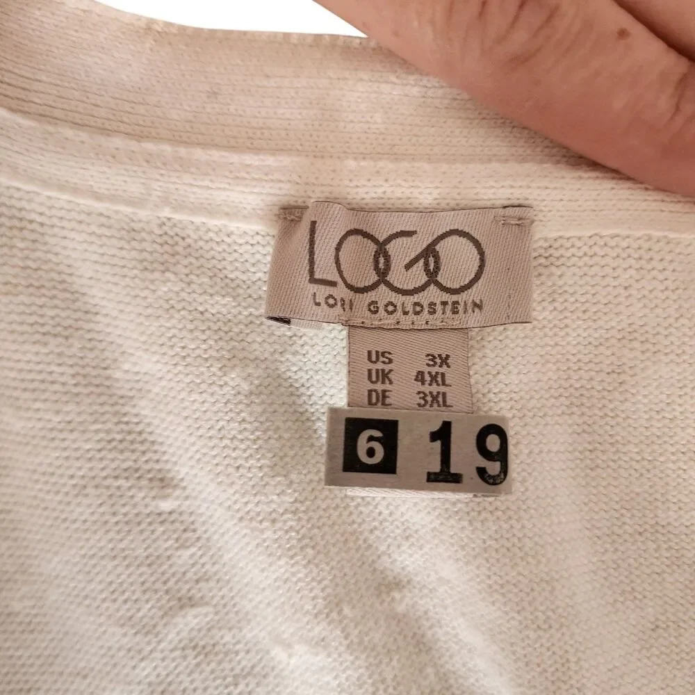 LOGO Lori Goldstein Cardigan 3X Ivory Lace Hem Button‎ Front Pockets Plus